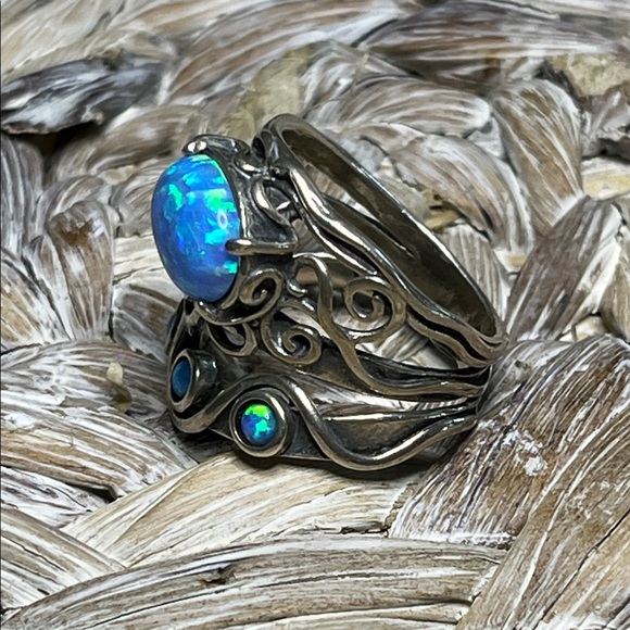 Wide Sterling Silver Blue Opal Ring: Net Texture Israeli  Israeli Artisan Blue Opal Ring in Silver Setting‎